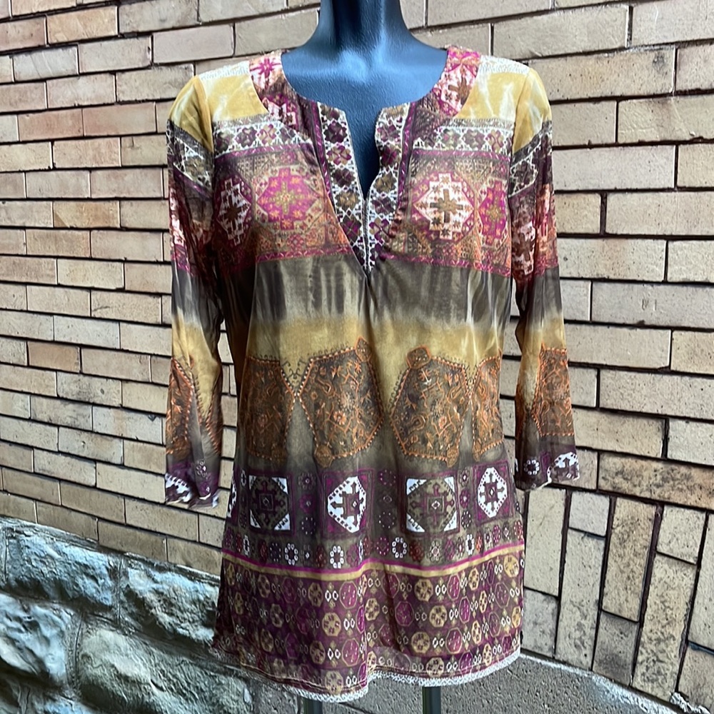 INC International Concepts jewel tone mesh overlay top Large